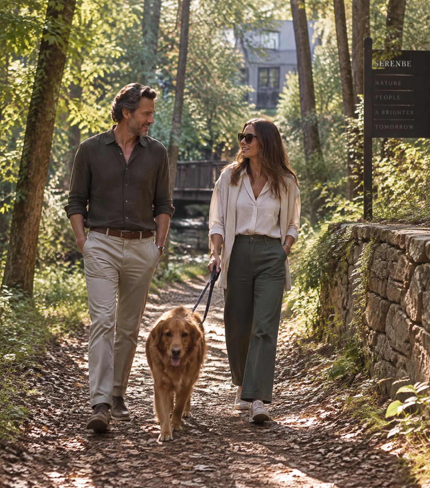 A couple walking a woodland trail with their dog